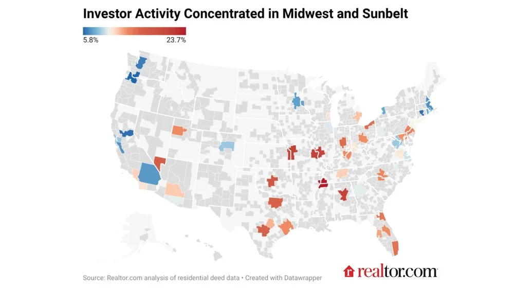 Map showing investor activity across the U.S. is centered in the Sunbelt and Midwest